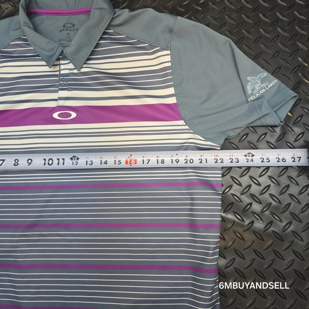 Oakley Mens OHydrolix Golf‎ Polo Shirt Large Grey Purple Striped Pelican Lakes